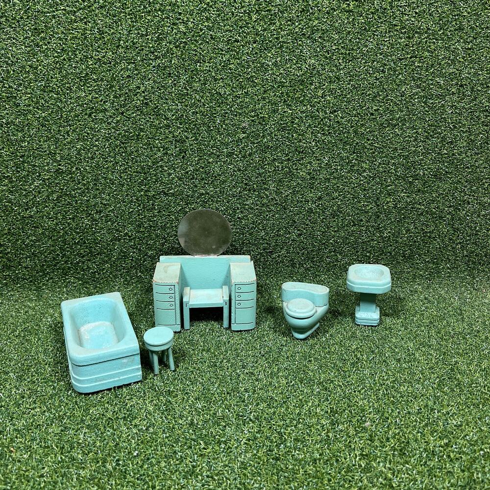 Vintage Blue Miniature Vanity Bathroom Set Dollhouse Furniture